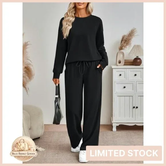 Oversized Sweatshirt Wide Leg Pants Lounge Set Chic Minimal Travel Outfit - Picture 3 of 7